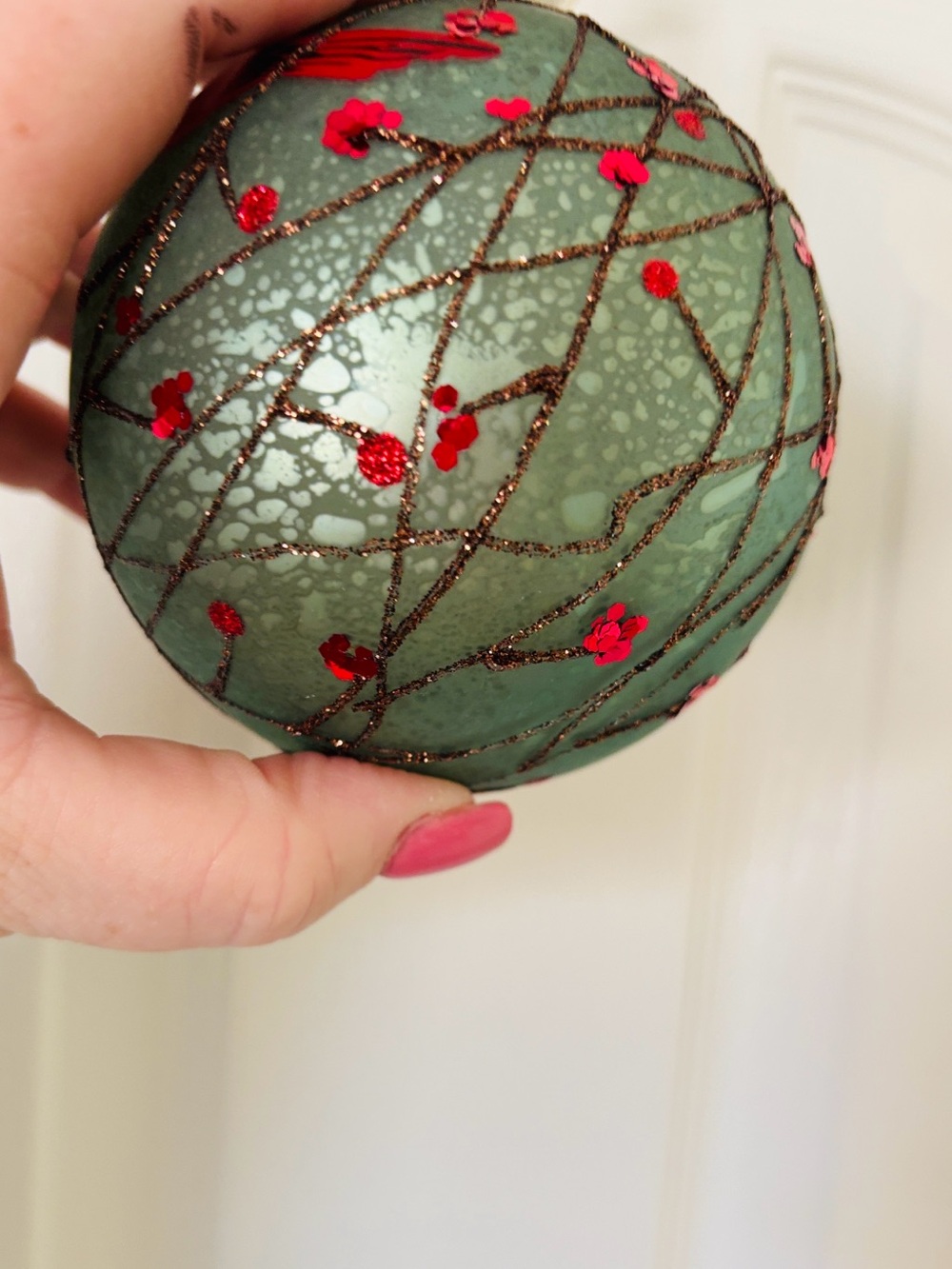 Hand-Painted Green Glass Ornament with Red Cardinal - Picture 5 of 7